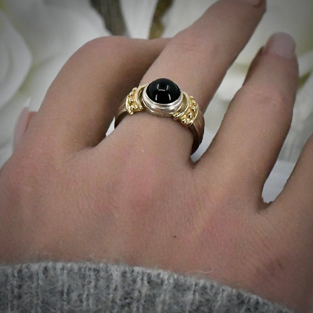 Vintage IPS 14K Gold & 925 Sterling Silver Black Onyx Statement Ring Size 7.5